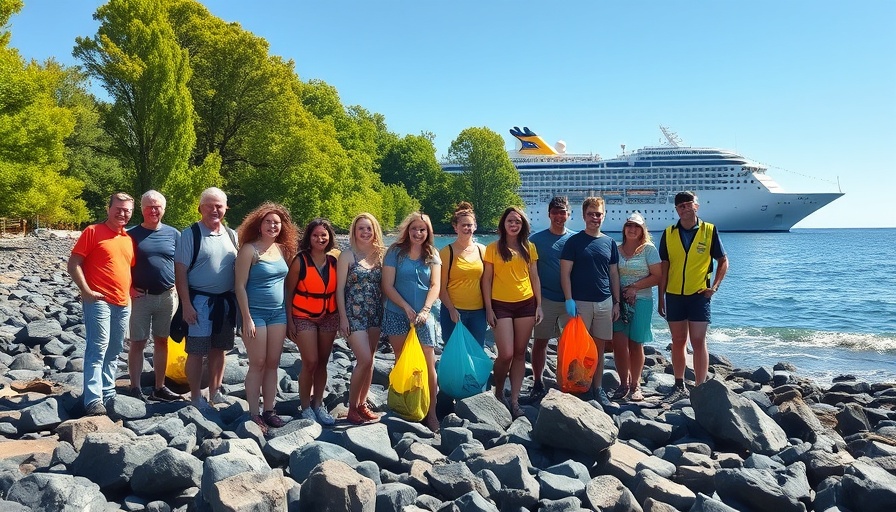 Volunteers in Global Ports Holding Coastal Cleanup Day by a cruise ship.