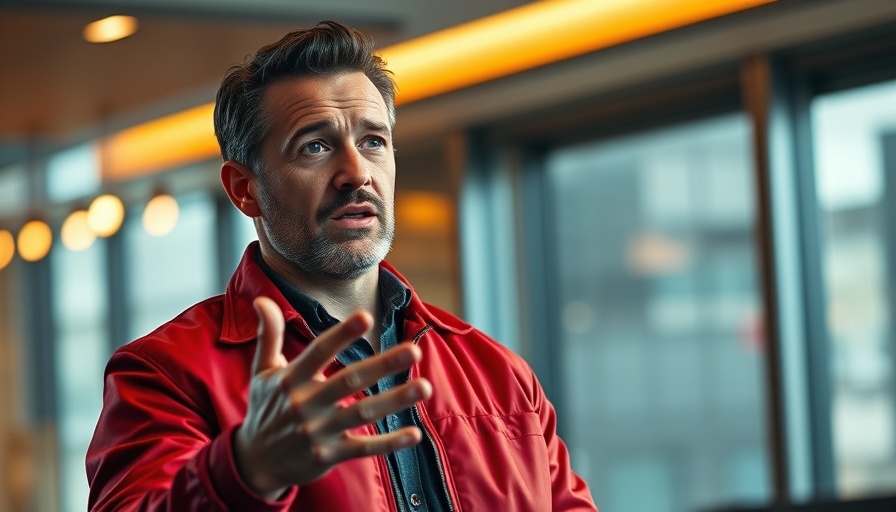 Person in red jacket speaking enthusiastically indoors