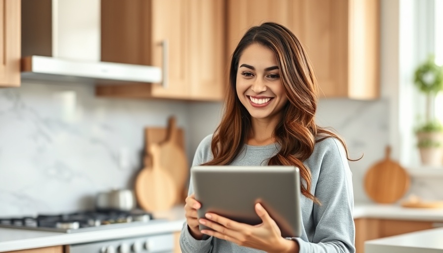 Confident woman in modern kitchen holding tablet for property appraisals.