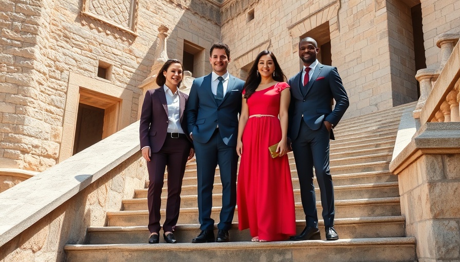 Five business professionals smiling on historic stone stairs at 67th MedCruise General Assembly.