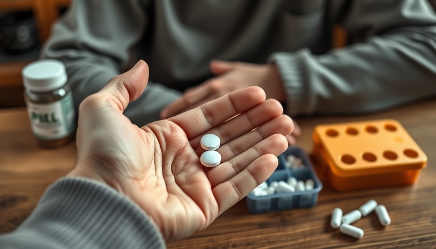 Senior managing medication schedule, pills in hand, warm lighting.