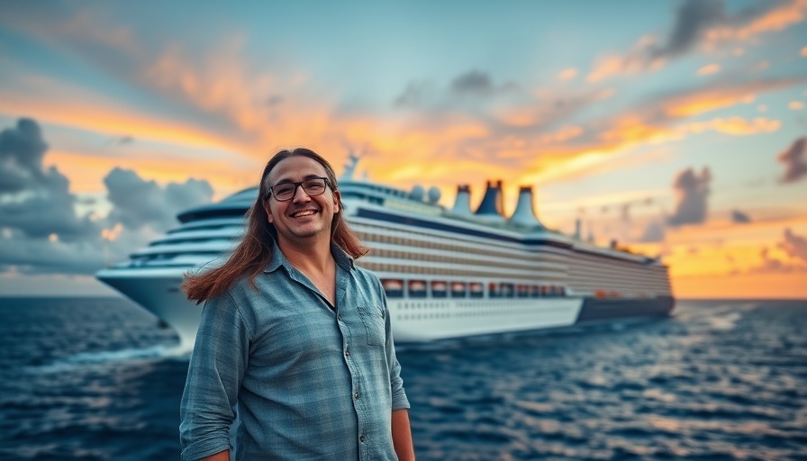 Cheerful person by cruise ship and scenic sunset view of a cruise ship.
