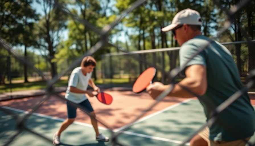 Action shot of pickleball game through fence on a sunny day.