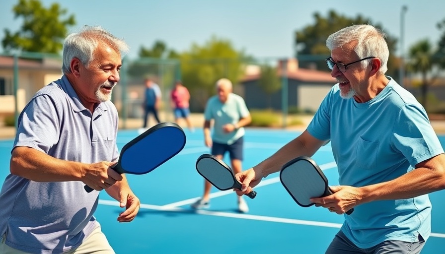 Pickleball players over 50 actively playing on a blue court.