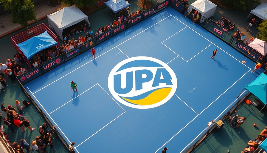 Aerial pickleball court with UPA logo and spectators.