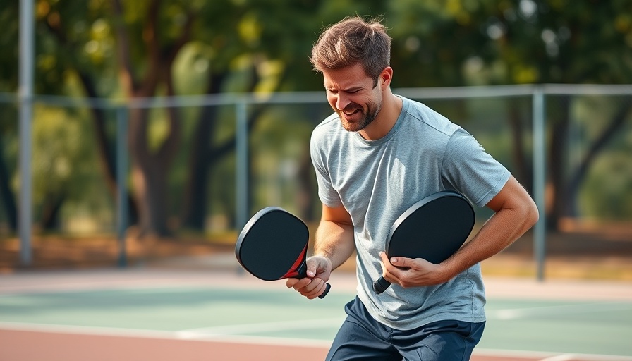 Pickleball player holds injured ankle on court, showing pain and perseverance.