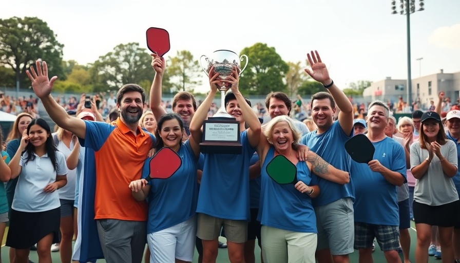 Triumphant pickleball team holding trophy surrounded by cheering fans.