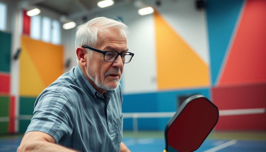 Older man playing pickleball indoors, focusing on the game.