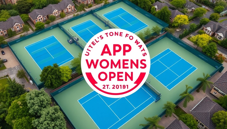 Overhead shot of tennis courts with APP Women's Open badge.