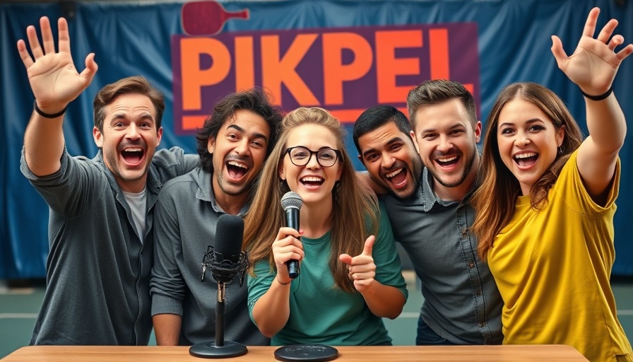 Pickleball podcast hosts with expressive emotions, discussing the sport.