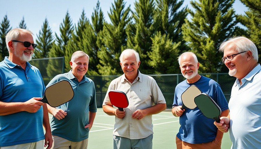 Group of men with pickleball paddles on a sunny outdoor court, showing pickleball friendships.