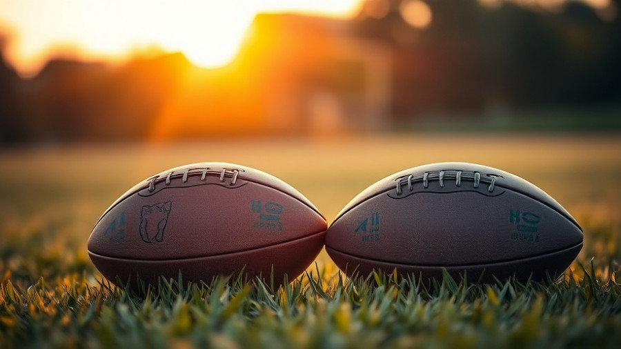 Local high school football undefeated season symbolized by two footballs at sunset.