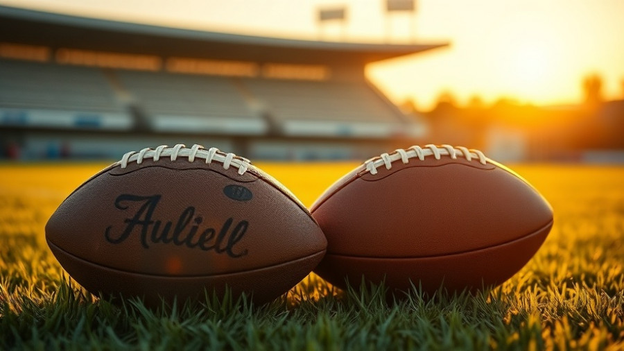 Two footballs on a field at sunset, capturing sports essence.