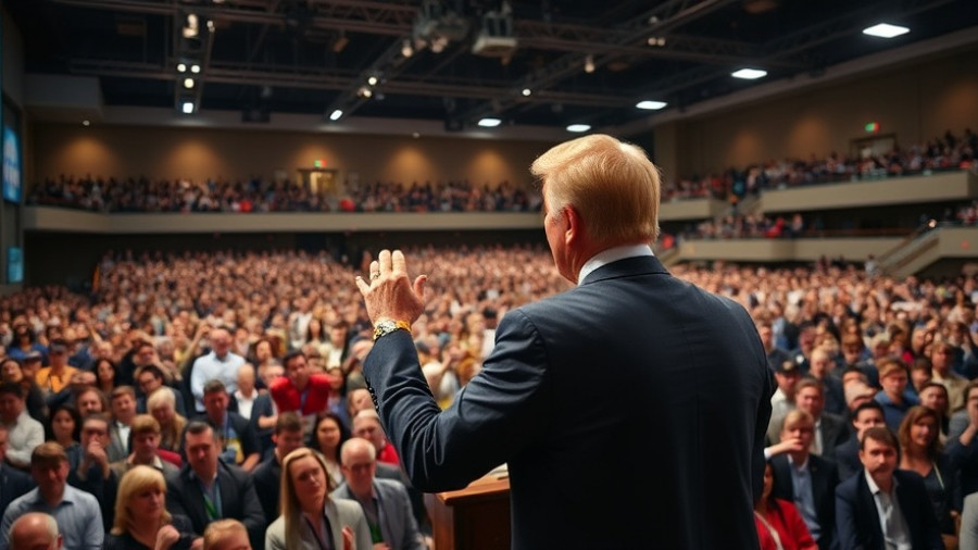 Politician speaking at convention amid rising costs due to tariffs, engaging the crowd.