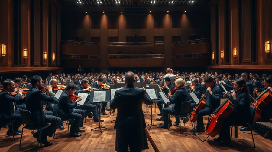 Orchestra rehearsing for Eric Carmen Tribute Concert on stage with dim lighting.