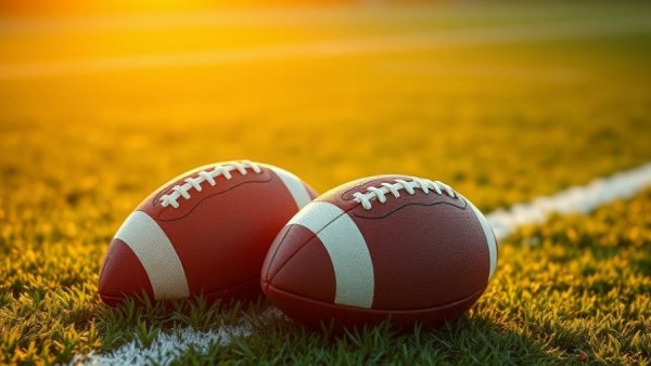 High school footballs on field during sunset in playoffs.