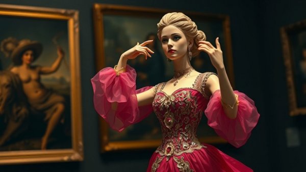 Renaissance-inspired vibrant pink dress in a museum setting.