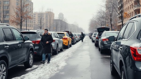 Ohio food crisis vehicles lined up in snowy autumn.