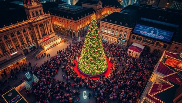 Aerial view of Cleveland Christmas event with festive lights.