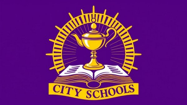 Barberton City Schools emblem, symbolizing education with a lamp and book.