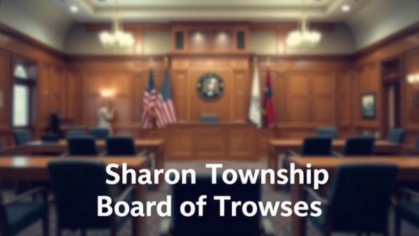 Photo of Sharon Township Board of Trustees meeting room with text overlay.