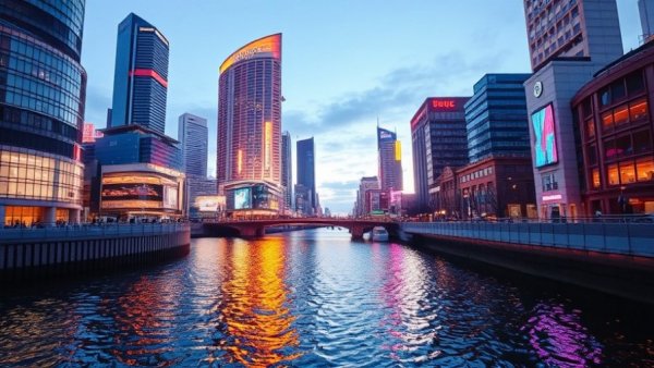 Vibrant night scene of Flats East Bank with reflections