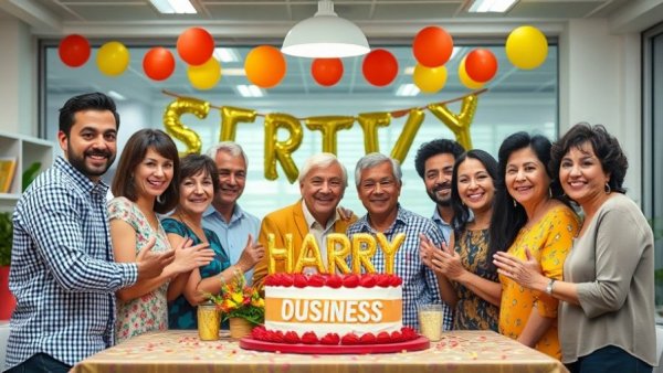 Family-owned business celebrates anniversary with joyful team.