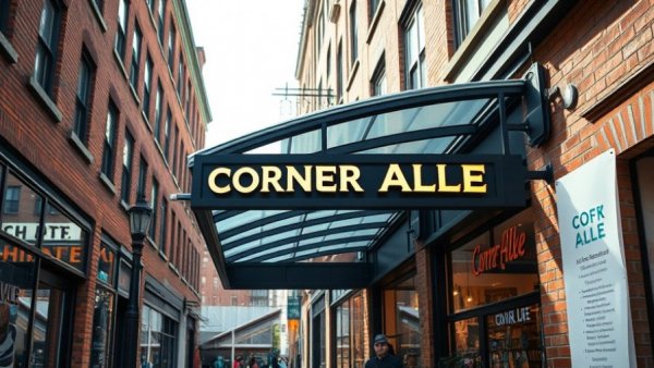 Corner Alley exterior with vibrant urban setting and glass canopy.