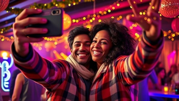 Festive New Year’s Eve 2026 celebration, joyful couple taking selfie.