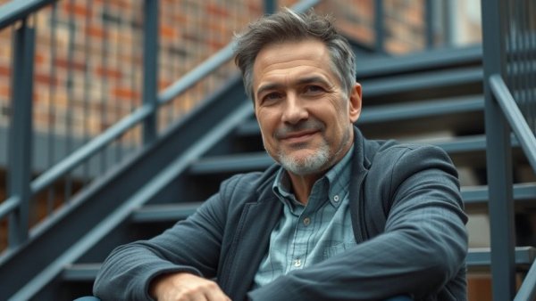 Middle-aged man sitting on metal staircase, exploring intimacy rules for 2026.