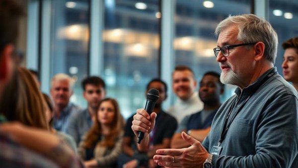 Community event at Downtown Cleveland seasonal homeless shelter, two men engaging with crowd indoors.