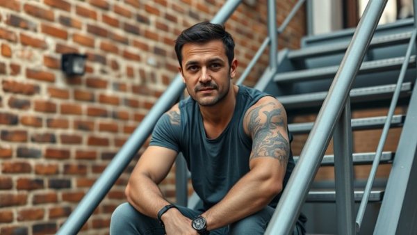 Middle-aged man sitting on staircase, calm expression, urban background.