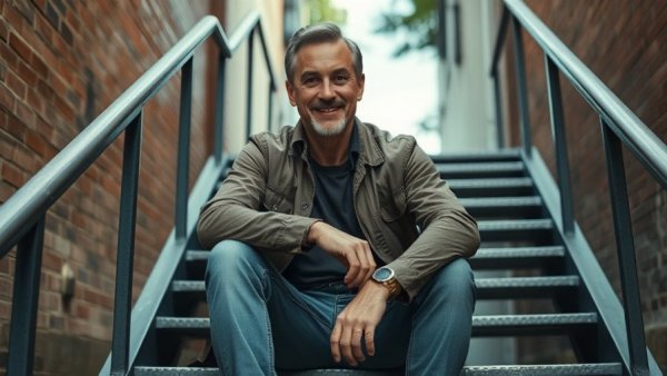 Middle-aged man sitting on stairs, urban setting, relaxed pose.