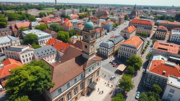 Aerial view of Ohio city with clock tower and historical architecture.