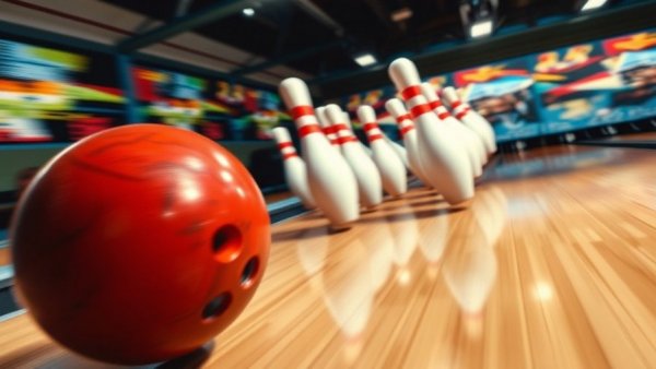 Dynamic bowling strike with pins flying, highlighting Cuyahoga Falls bowlers.