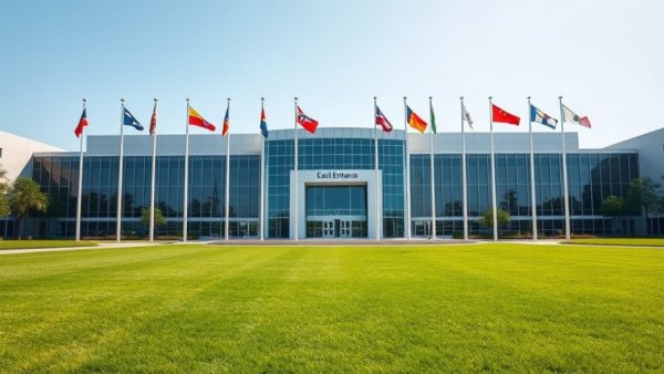 I-X Center exterior, flags waving, sunny day.