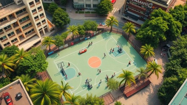 A bustling public basketball court in Cleveland, lively urban scene.