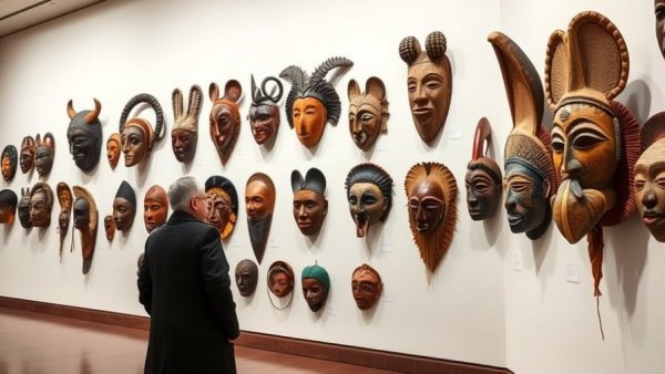Colorful African masks in Cleveland art exhibition.