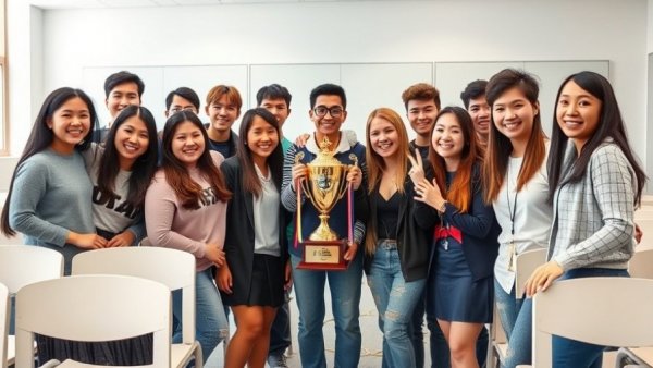 CFMS Quiz Bowl Team celebrates championship victory in classroom.