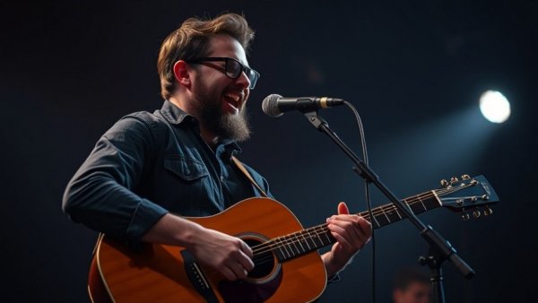 Mike Doughty concert Cleveland, guitarist on stage in dim lighting.
