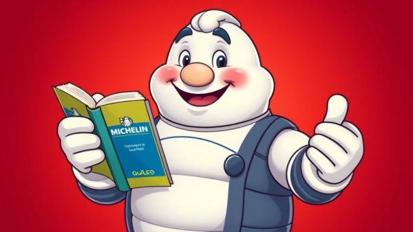 Michelin Guide mascot with Michelin Guide book, cartoon style.