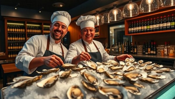 Chefs at Cleveland Heights oyster bar showcasing fresh oysters.