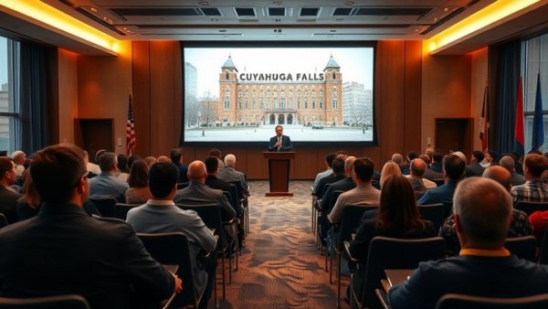 Community event in Cuyahoga Falls with engaged audience and speaker.