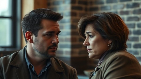 Two individuals discussing campaign financing indoors with serious expressions.