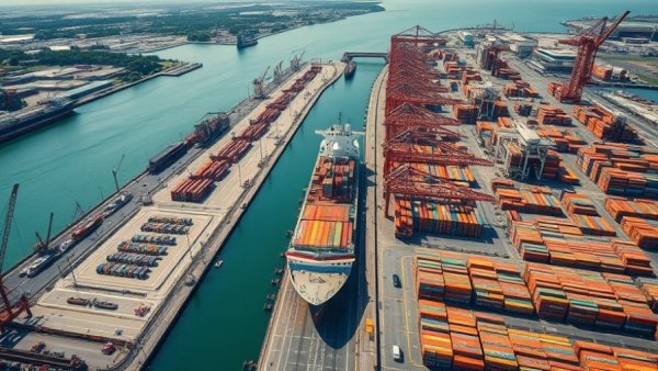 Aerial view of Port of Cleveland serving residents with cargo and infrastructure.