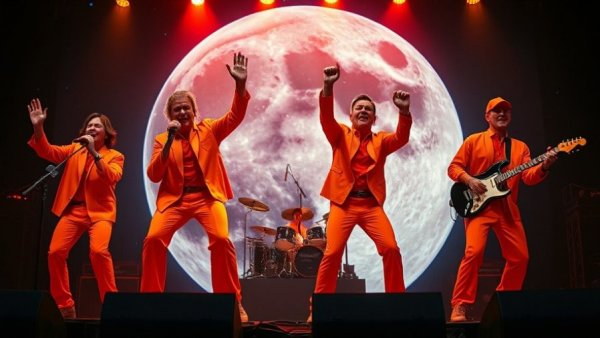 Musicians on moon-like stage with Earth as backdrop at Cleveland concert.