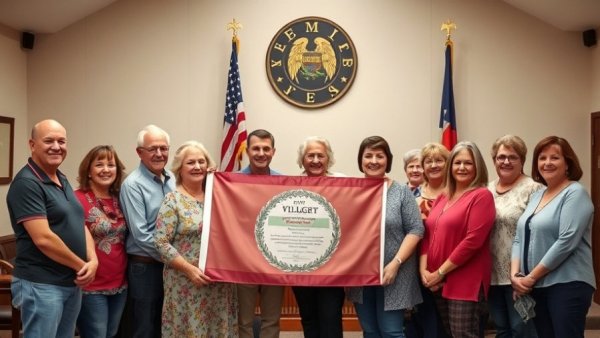 Cuyahoga Falls Senior Center change group holding flag at village hall