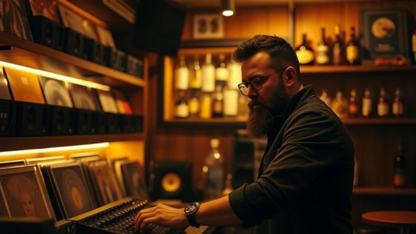 Bearded man adjusting audio equipment in new vinyl listening bar in Ohio City.