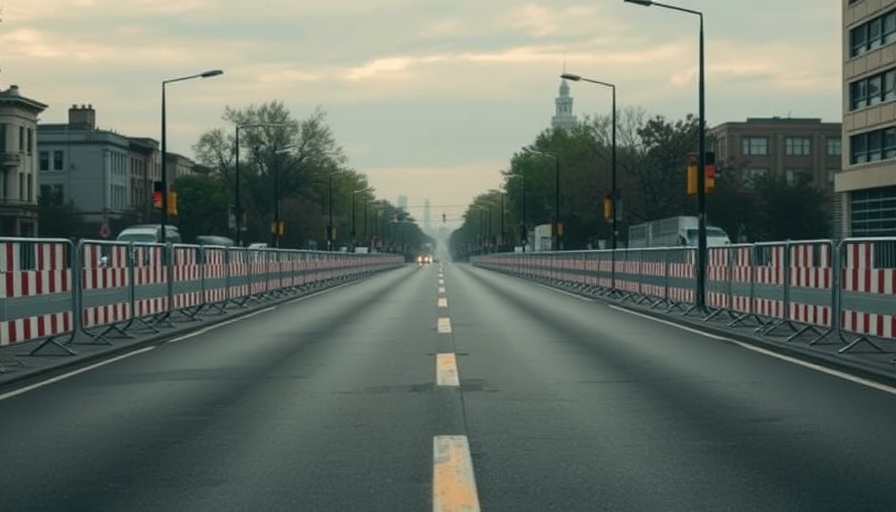 Cuyahoga Falls road closure with barriers and overcast sky.