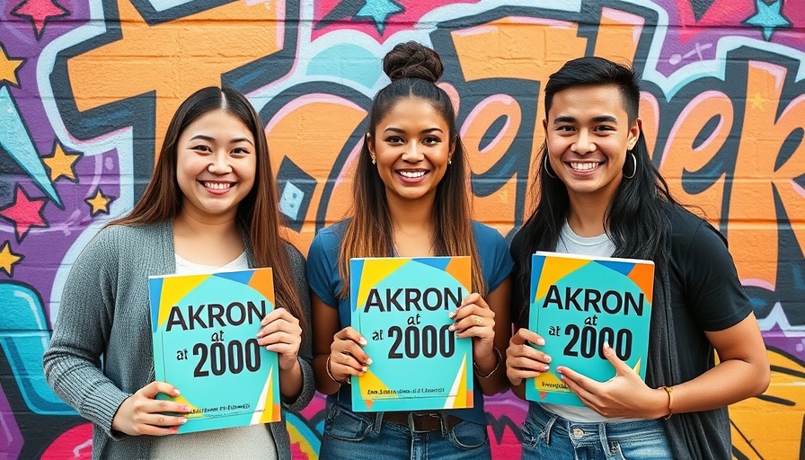 Three men hold 'Akron at 200' books in front of a colorful mural for Akron bicentennial history anthology.